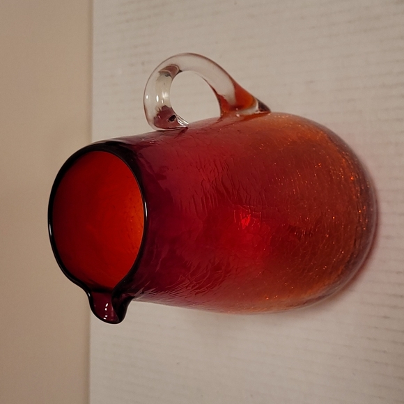 Vintage Hand Blown Ruby Red Crackled Glass Pitcher - Picture 3 of 16